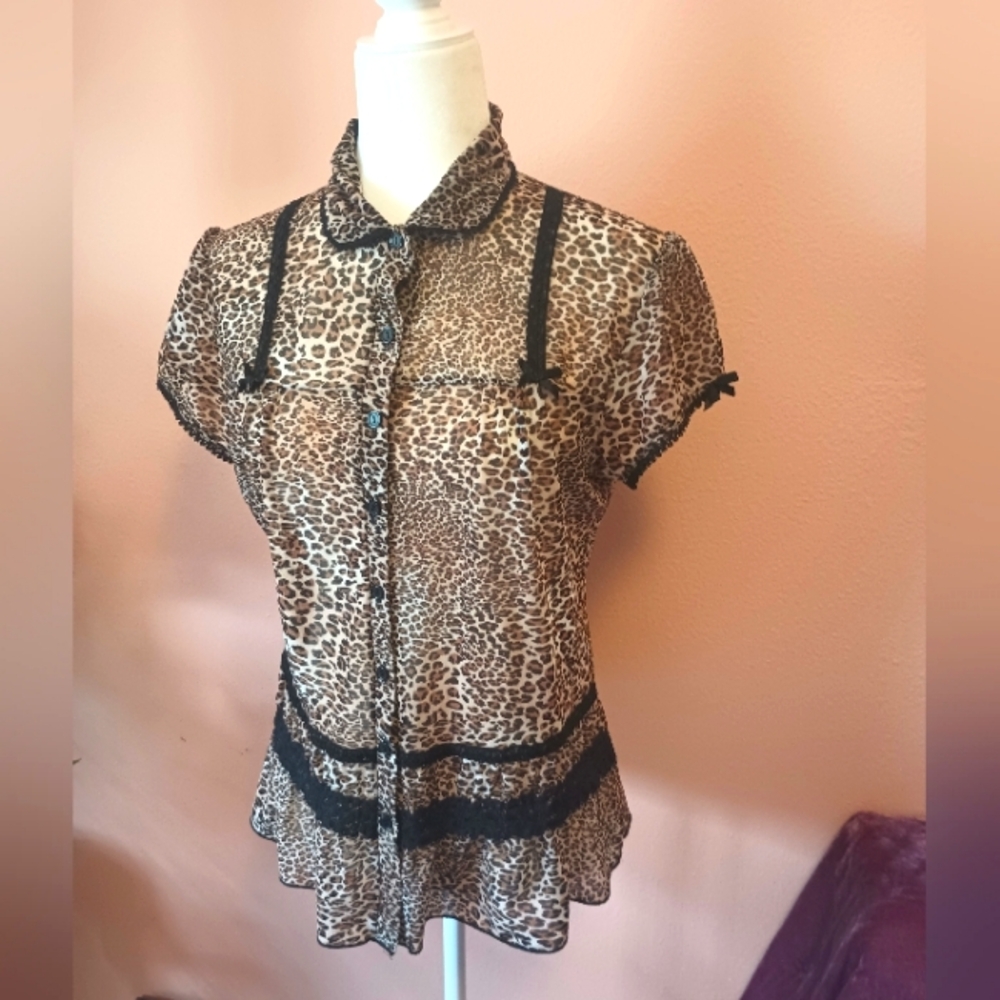 Y2K Sheer Leopard Print Mall Goth Girly Top L